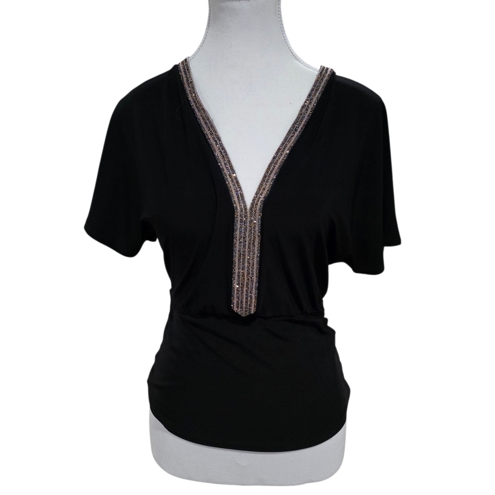 Jacaranda Short Sleeve Rhinestone Blouse Size Small